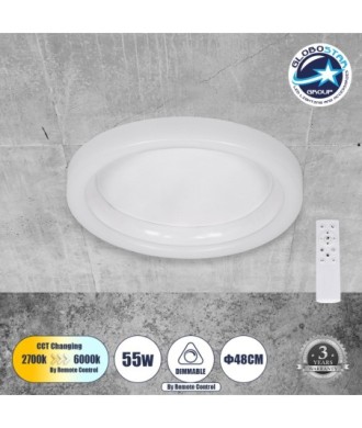 GLOBOSTAR® ARIANA 61035 Μοντέρνο Φωτιστικό Οροφής LED 55W 6376lm 120° AC 220-240V IP20 Ρυθμιζόμενο Λευκό CCT με Χειριστήριο από 2700K έως 6000K Dimmable - Lumileds SMD Chip - Λευκό Ματ - Μ48 x Π48 x Υ9cm - 3 Χρόνια Εγγύηση